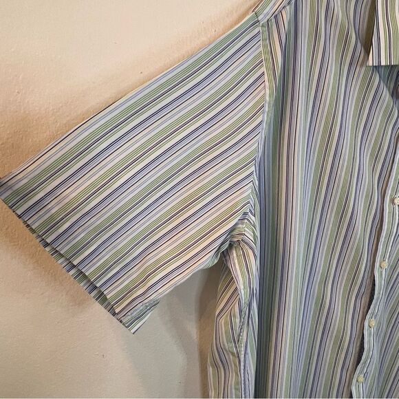 Tailorbyrd Shirt Men’s Short Sleeve Blue Green Stripe Sz 3XLT Contrasting Collar - Picture 2 of 6